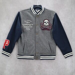 Gap Kids Gray Blue Button Bomber Varsity Pirate Patch Stripe Coat Jacket L Large